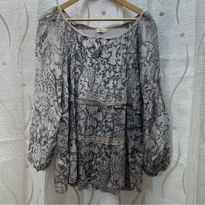 M Made in Italy Silk Tunic‎ Women Size M Taupe Grey Damask Lace Trim Excellent